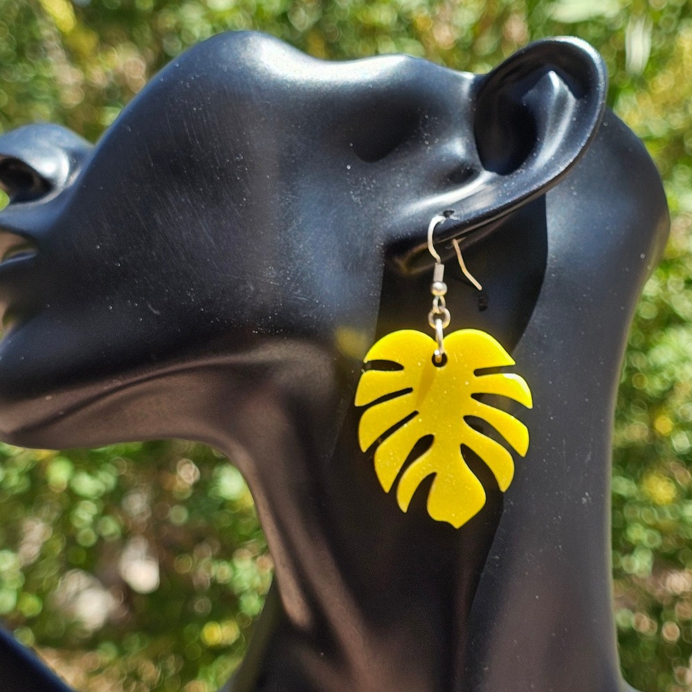 Handmade Yellow Shimmer Monstera Leaf Dangle Earrings Tropical Acrylic Tiki
